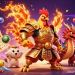 Play exciting games at website sunwin with a dynamic scene featuring a fighting rooster and dragon hatchling.