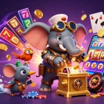 LUCKY88 features a steampunk elephant with golden slot machines in a vibrant casino scene.