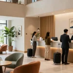 ROKOK88 hotel lobby with welcoming staff and guests enjoying a comfortable atmosphere.