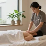 Relaxing 남양주출장마사지 session in a tranquil studio, therapist soothing client.