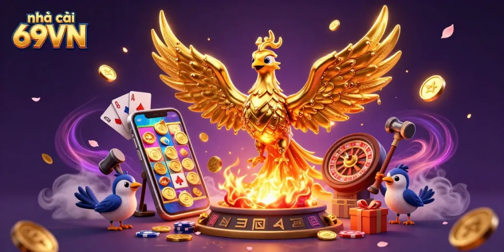 Experience the thrill at nhà cái 69VN with a dynamic golden phoenix and vibrant casino elements.
