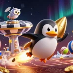 Experience excitement with qs88vi as the golden penguin blasts towards a casino in a dynamic illustration.