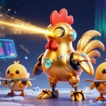 ZBET showcases a dynamic 3D illustration of a futuristic rooster robot and baby chick drones in a vibrant crypto casino setting.