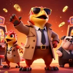 Nổ Hũ Online captures dynamic slot gaming action with raptors in a trench coat at a VIP casino entrance.