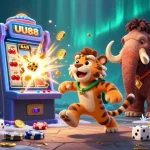 UU88 CHÍNH THỨC features a dynamic scene of prehistoric casino fun with a caveman and tiger duo.