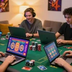 Highlighting the vibrant gaming atmosphere at credit card casinos, showcasing players using laptops and credit cards at https://fimltd.co.uk.