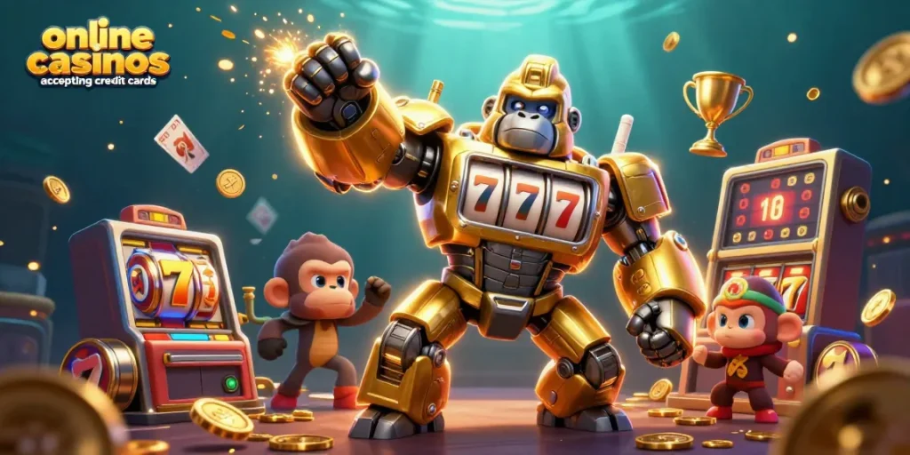 Engage with online casinos accepting credit cards through vibrant 3D digital illustrations of dynamic gaming action.