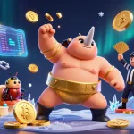 Experience the excitement of tx88 as a rhinoceros beetle champion stomps with flying coins in a vibrant 3D casino scene.