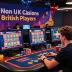Exciting scene of British players enjoying the best non UK casinos online, surrounded by colorful gaming elements and technology.