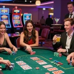 Friends enjoying rokok88 at a vibrant poker table in a lively casino.