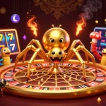 Engage with exciting bonus buy slots, featuring a golden spider spinning roulette web and animated games.