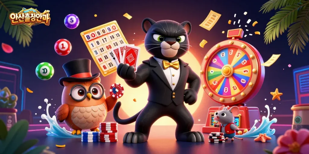 Immerse in the action of 안산출장안마, featuring a stylish panther dealer and vibrant casino elements.